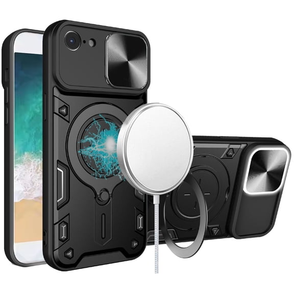 For iPhone 17E / 16E / SE4 Magnetic Ring Stand Classic Design FULL Camera Protection Hybrid Case - Black