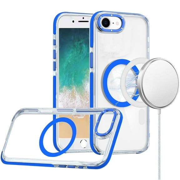 For  iPhone 16E / SE4 Matching Color Frame Strong Magnetic Ring Circle Transparent HQ Thick Hybrid - Blue