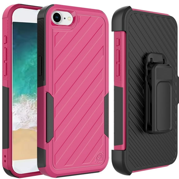 For iPhone 17E / 16E / SE4 Noble lined shockproof dual layer hybrid with Holster - Hot Pink/Black