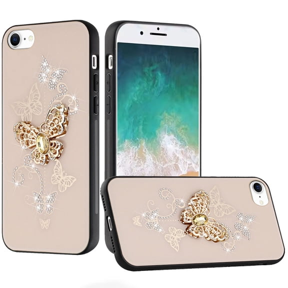 For iPhone 17E / 16E / SE4 SPLENDID Diamond Glitter Ornaments Engraving Case Cover - Garden Butterflies Gold
