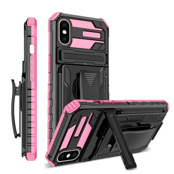 For iPhone X / XS Case with Belt Clip Holster, Heavy Duty Military Grade Drop Protective, 360掳 Rotating Kickstand Shockproof TPU Shell Durable Rugged Cover For iPhone X / XS, Pink