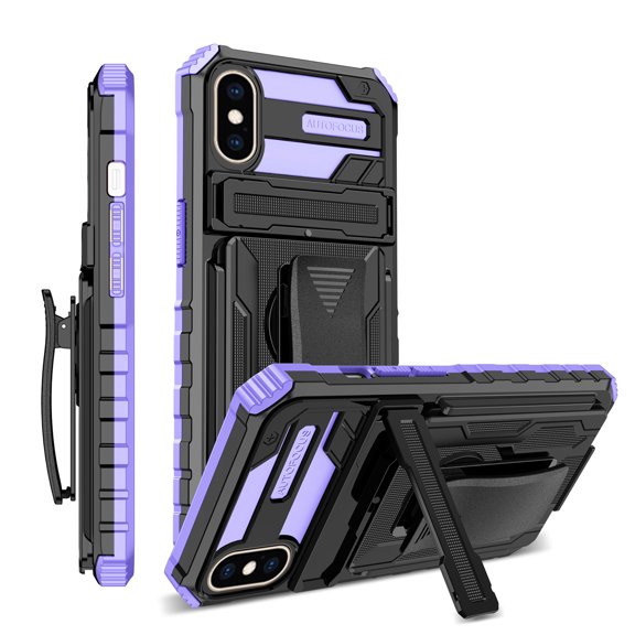For iPhone X / XS Case with Belt Clip Holster, Heavy Duty Military Grade Drop Protective, 360° Rotating Kickstand Shockproof TPU Shell Durable Rugged Cover For iPhone X / XS, Purple