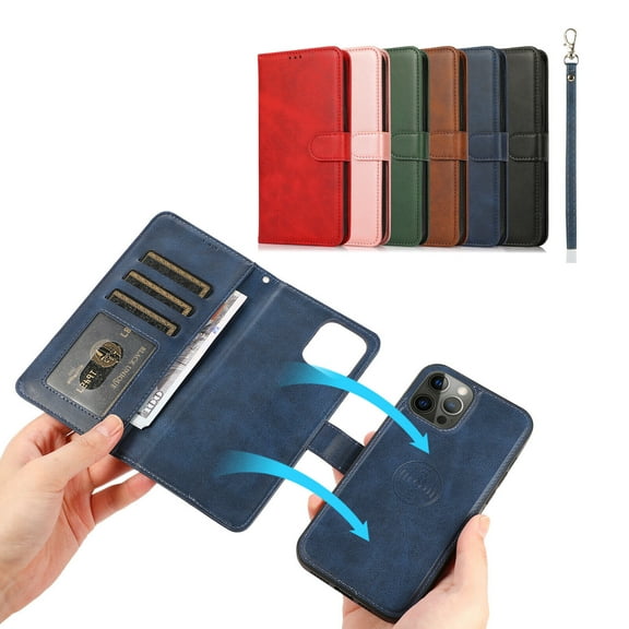 For iPhone X/XS Removable Magnetic PU Leather Detachable Wallet Card Slot Holder Protective Case Wrist Hand Strap 2 in 1 Design Flip Folio Case Cover