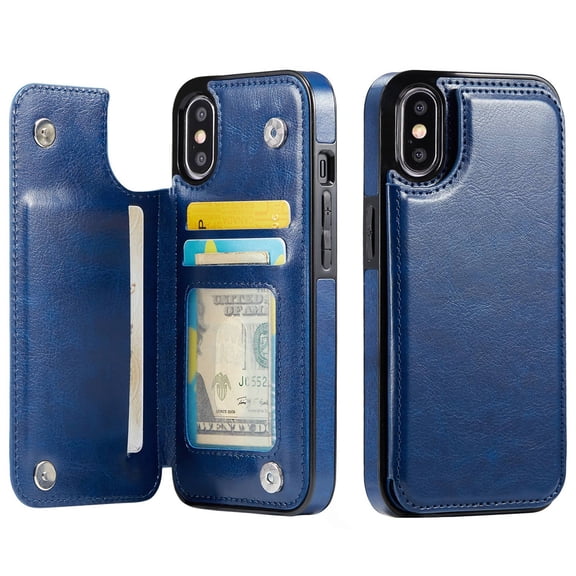 For iPhone X XS Wallet Case with Card Holder, PU Faux Leather Kickstand Card Slots Case, Double Magnetic Clasp and Durable Shockproof Cover