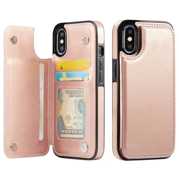 For iPhone X XS Wallet Case with Card Holder, PU Faux Leather Kickstand Card Slots Case, Double Magnetic Clasp and Durable Shockproof Cover