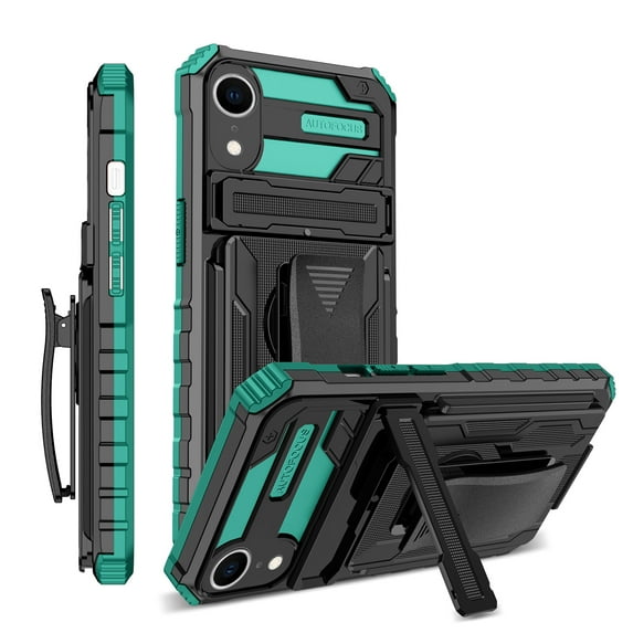 For iPhone XR Case with Belt Clip Holster, Heavy Duty Military Grade Drop Protective, 360° Rotating Kickstand Shockproof TPU Shell Durable Rugged Cover For iPhone XR, Darkgreen