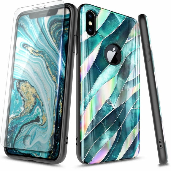 For iPhone XR Case, with Tempered Glass Screen Protector, Ultra Slim Thin Glossy Stylish, Gold Glitter Marble Design Phone Cover - Leaf