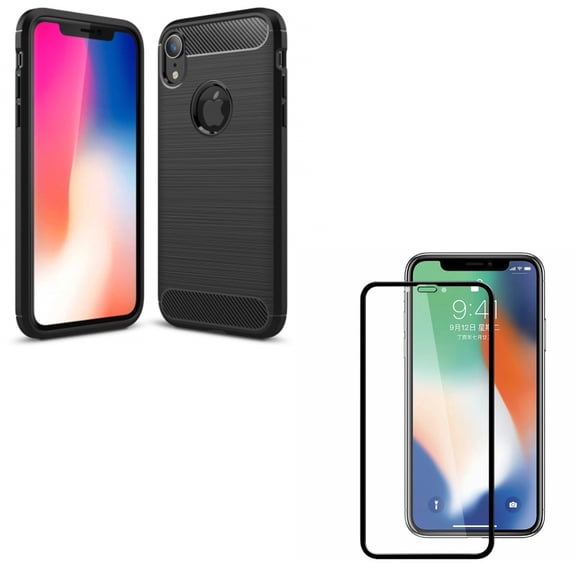 For iPhone XR - Slim Fit Carbon Fiber Case w Anti-Glare Tempered Glass Screen Protector Matte B5D