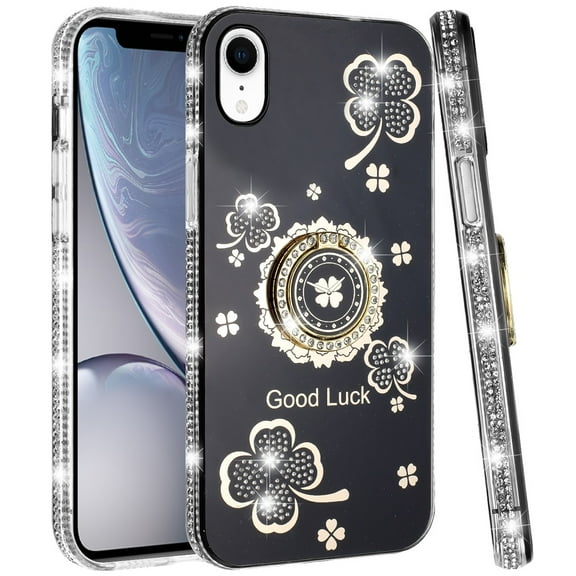 For iPhone XR Splendid Glitter with Diamonds All Around Edges Ring Stand - Black
