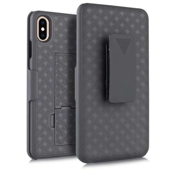 For iPhone XS Max Slim Hard TPU Phone Case + Swivel Belt Clip + Built-in Kickstand Combo Case with Tempered Glass (Black)