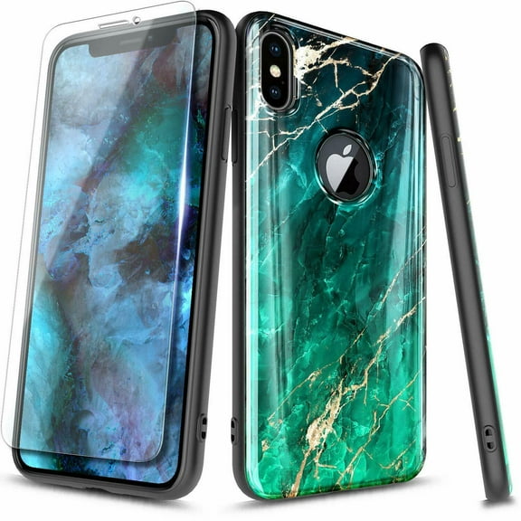 For iPhone Xs Case, iPhone X with Tempered Glass Screen Protector, Ultra Slim Thin Glossy Stylish, Gold Glitter Marble Design Phone Cover - Emerald