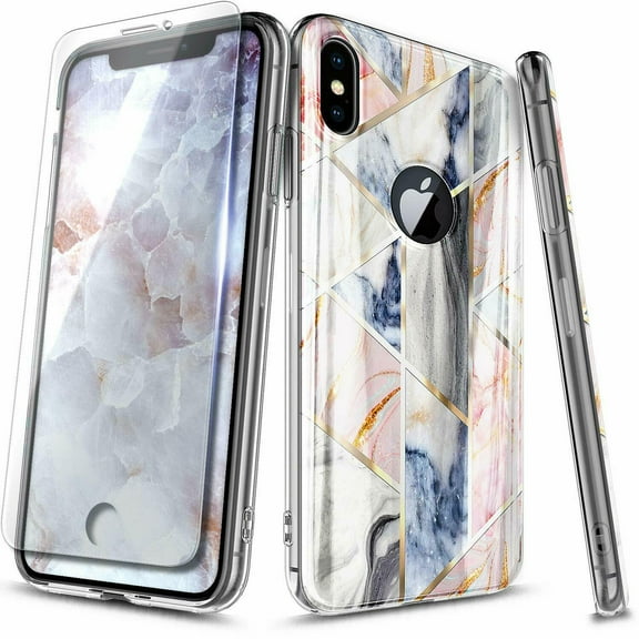 For iPhone Xs Case, iPhone X with Tempered Glass Screen Protector, Ultra Slim Thin Glossy Stylish, Gold Glitter Marble Design Phone Cover - Marble