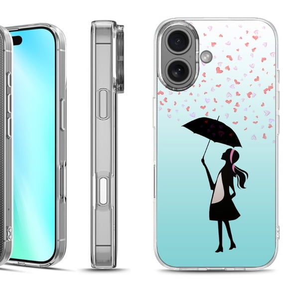 For iphone 16 Phone Case Cover, by OneToughShield - Rain/Hearts
