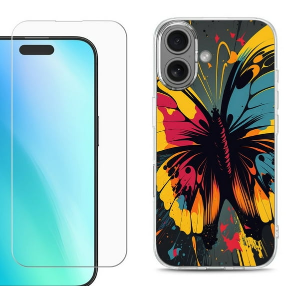 For iphone 16 Plus Phone Case Cover, Shockproof Case with Tempered Glass Screen Protector, by OneToughShield - Abstract Butterfly