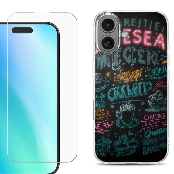 For iphone 16 Plus Phone Case Cover, Shockproof Case with Tempered Glass Screen Protector, by OneToughShield - Abstract Menu