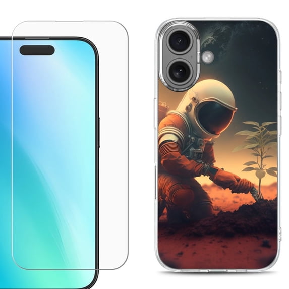 For iphone 16 Plus Phone Case Cover, Shockproof Case with Tempered Glass Screen Protector, by OneToughShield - Astronaut Planting