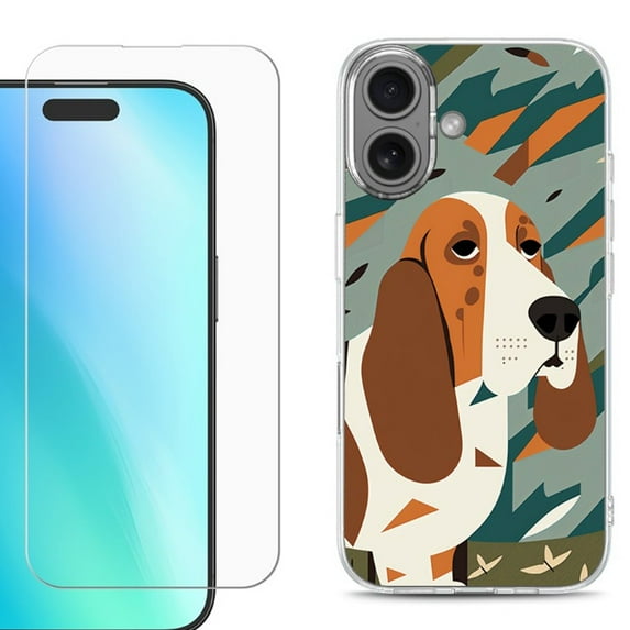 For iphone 16 Plus Phone Case Cover, Shockproof Case with Tempered Glass Screen Protector, by OneToughShield - Basset Hound