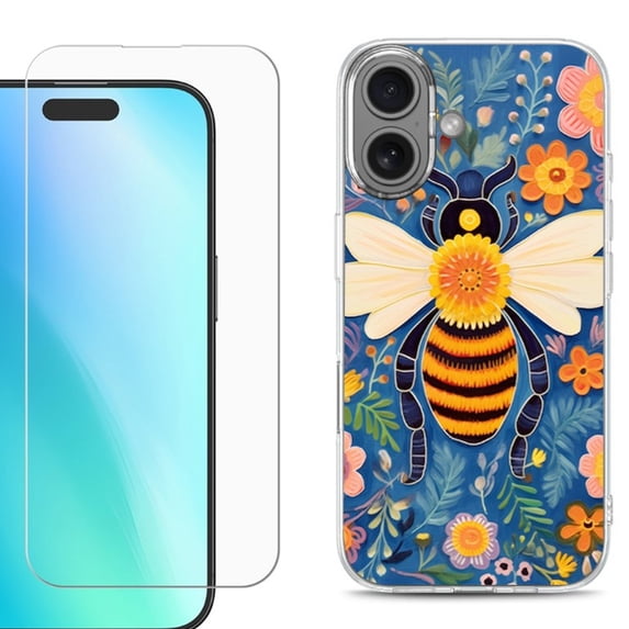 For iphone 16 Plus Phone Case Cover, Shockproof Case with Tempered Glass Screen Protector, by OneToughShield - Bee Flower