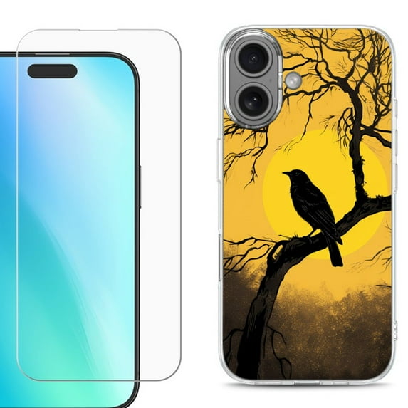 For iphone 16 Plus Phone Case Cover, Shockproof Case with Tempered Glass Screen Protector, by OneToughShield - Bird Sunset