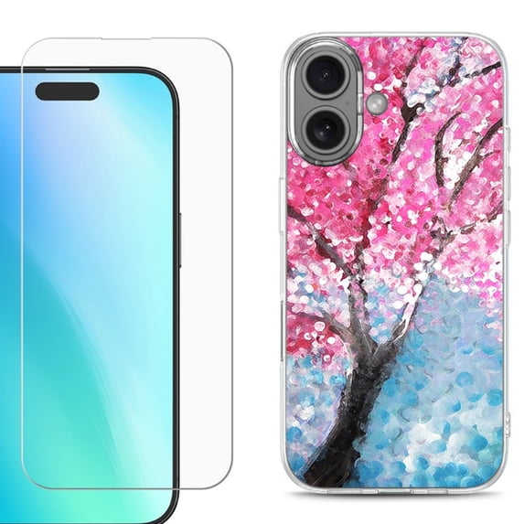 For iphone 16 Plus Phone Case Cover, Shockproof Case with Tempered Glass Screen Protector, by OneToughShield - Blossom Paint