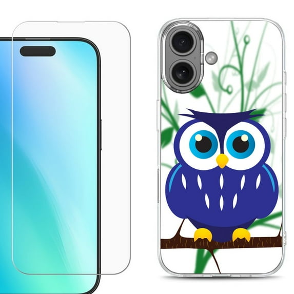 For iphone 16 Plus Phone Case Cover, Shockproof Case with Tempered Glass Screen Protector, by OneToughShield - Blue Owl