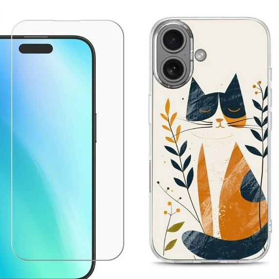 For iphone 16 Plus Phone Case Cover, Shockproof Case with Tempered Glass Screen Protector, by OneToughShield - Calm Cat