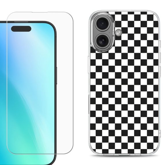 For iphone 16 Plus Phone Case Cover, Shockproof Case with Tempered Glass Screen Protector, by OneToughShield - Checker B/W