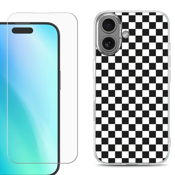 For iphone 16 Plus Phone Case Cover, Shockproof Case with Tempered Glass Screen Protector, by OneToughShield - Checker B/W