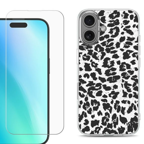 For iphone 16 Plus Phone Case Cover, Shockproof Case with Tempered Glass Screen Protector, by OneToughShield - Cheetah B/W