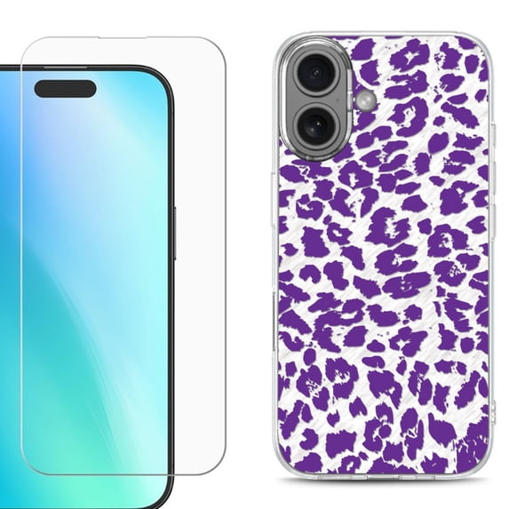 For iphone 16 Plus Phone Case Cover, Shockproof Case with Tempered Glass Screen Protector, by OneToughShield - Cheetah Purple
