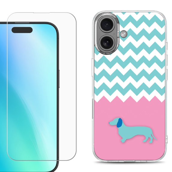 For iphone 16 Plus Phone Case Cover, Shockproof Case with Tempered Glass Screen Protector, by OneToughShield - Chevron/Dachshund/Puppy