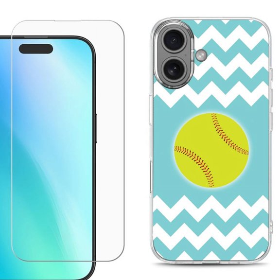 For iphone 16 Plus Phone Case Cover, Shockproof Case with Tempered Glass Screen Protector, by OneToughShield - Chevron/Softball