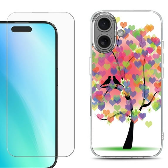 For iphone 16 Plus Phone Case Cover, Shockproof Case with Tempered Glass Screen Protector, by OneToughShield - Color Hearts Tree