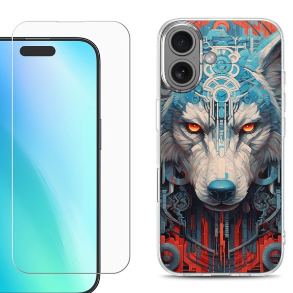 For iphone 16 Plus Phone Case Cover, Shockproof Case with Tempered Glass Screen Protector, by OneToughShield - Cyberpunk Wolf