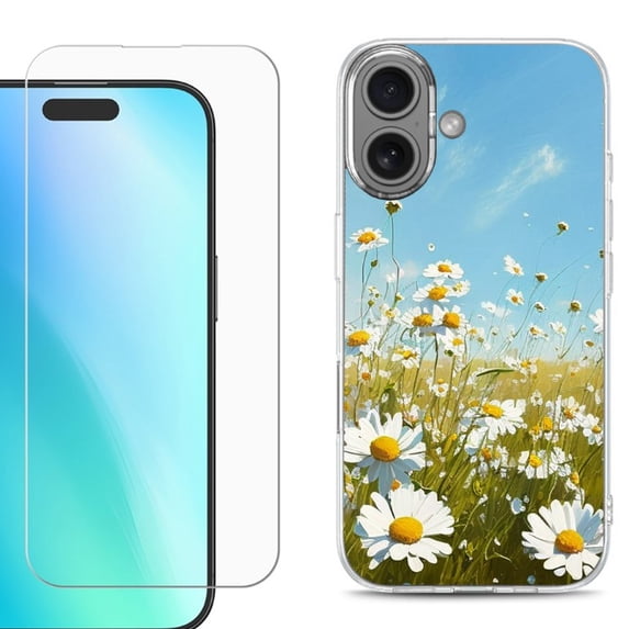 For iphone 16 Plus Phone Case Cover, Shockproof Case with Tempered Glass Screen Protector, by OneToughShield - Daisy Field