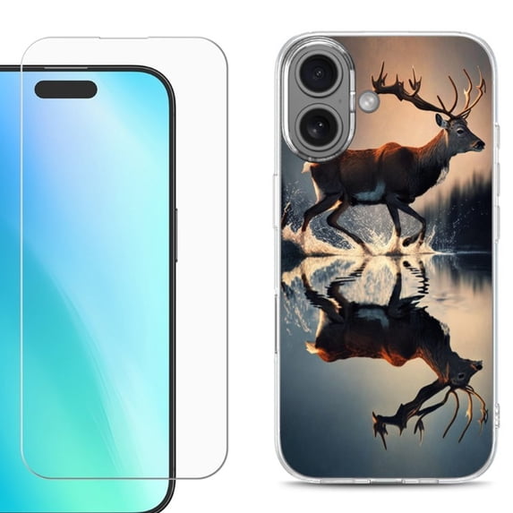 For iphone 16 Plus Phone Case Cover, Shockproof Case with Tempered Glass Screen Protector, by OneToughShield - Deer Running
