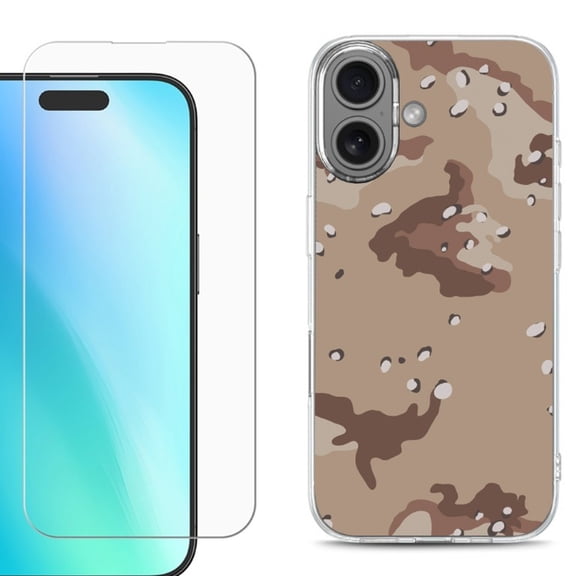 For iphone 16 Plus Phone Case Cover, Shockproof Case with Tempered Glass Screen Protector, by OneToughShield - Desert Camo