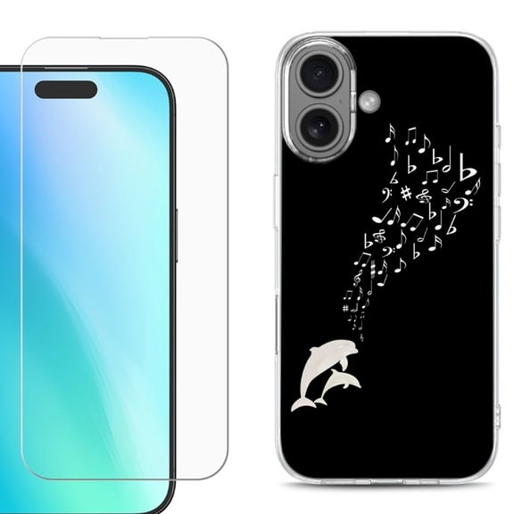 For iphone 16 Plus Phone Case Cover, Shockproof Case with Tempered Glass Screen Protector, by OneToughShield - Dolphin Music