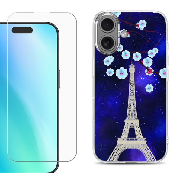 For iphone 16 Plus Phone Case Cover, Shockproof Case with Tempered Glass Screen Protector, by OneToughShield - Eiffel Tower Stars