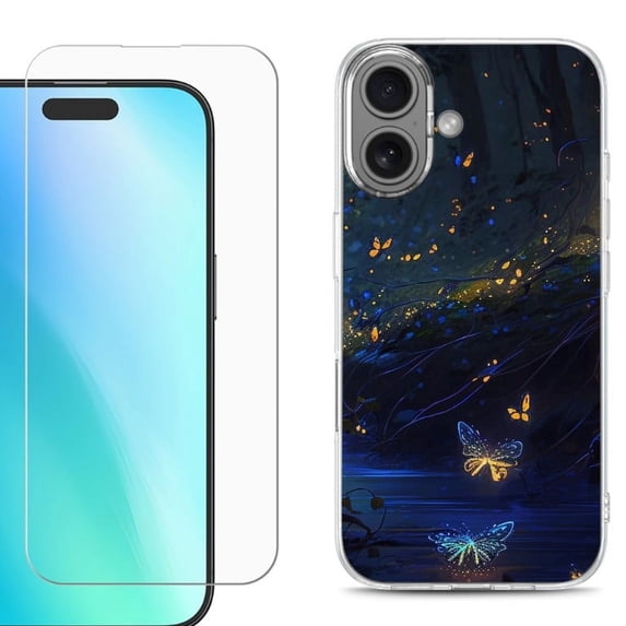For iphone 16 Plus Phone Case Cover, Shockproof Case with Tempered Glass Screen Protector, by OneToughShield - Fireflies Butterfly