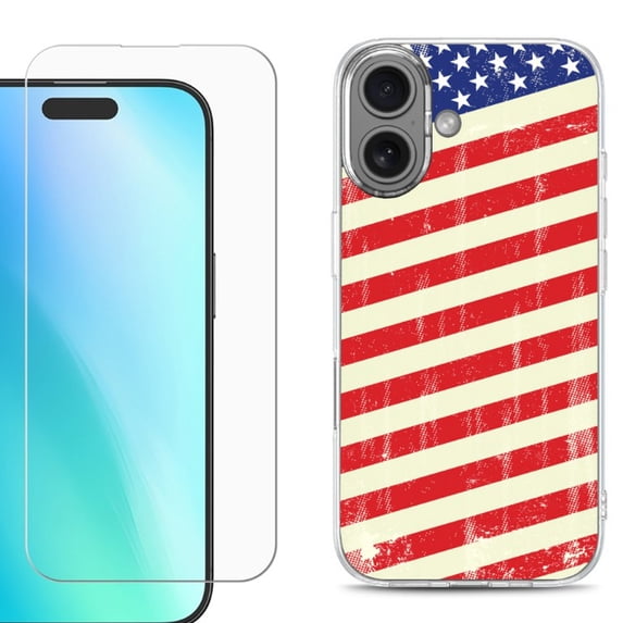 For iphone 16 Plus Phone Case Cover, Shockproof Case with Tempered Glass Screen Protector, by OneToughShield - Flag / USA