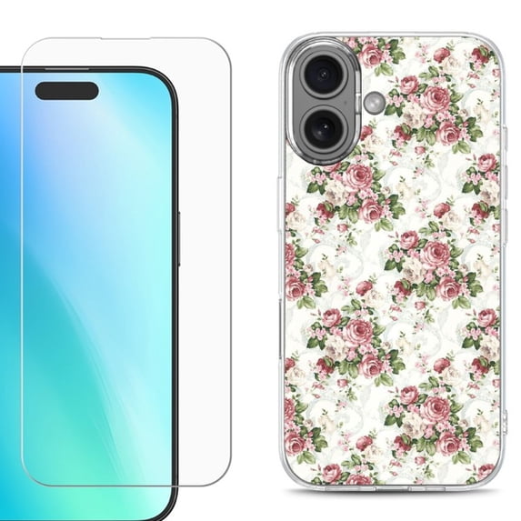 For iphone 16 Plus Phone Case Cover, Shockproof Case with Tempered Glass Screen Protector, by OneToughShield - Floral/Rose