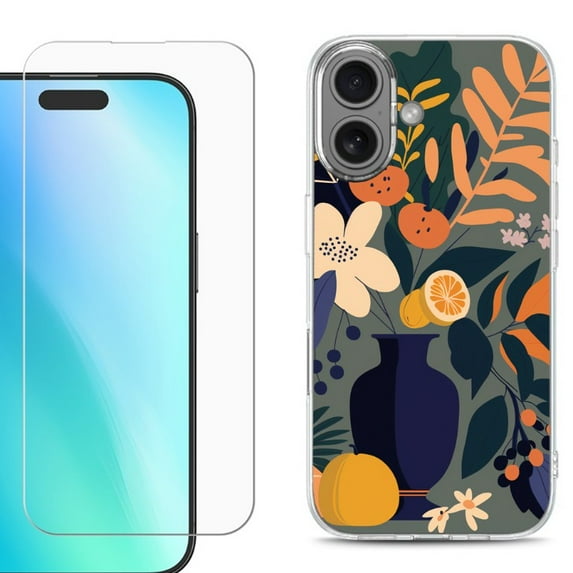 For iphone 16 Plus Phone Case Cover, Shockproof Case with Tempered Glass Screen Protector, by OneToughShield - Flower Art