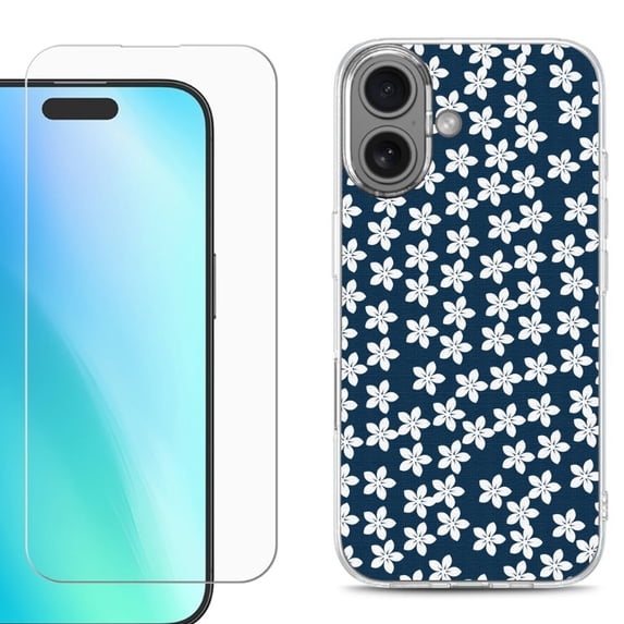 For iphone 16 Plus Phone Case Cover, Shockproof Case with Tempered Glass Screen Protector, by OneToughShield - Flower/Blue