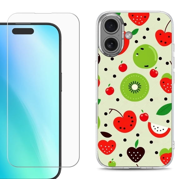 For iphone 16 Plus Phone Case Cover, Shockproof Case with Tempered Glass Screen Protector, by OneToughShield - Fruit Mix