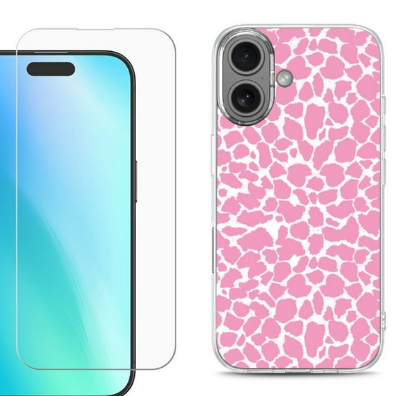 For iphone 16 Plus Phone Case Cover, Shockproof Case with Tempered Glass Screen Protector, by OneToughShield - Giraffe/Pink