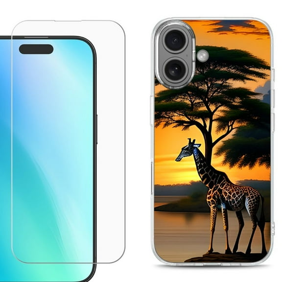 For iphone 16 Plus Phone Case Cover, Shockproof Case with Tempered Glass Screen Protector, by OneToughShield - Giraffe Sunset