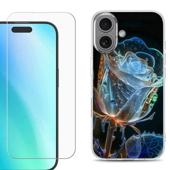 For iphone 16 Plus Phone Case Cover, Shockproof Case with Tempered Glass Screen Protector, by OneToughShield - Glowing Rose