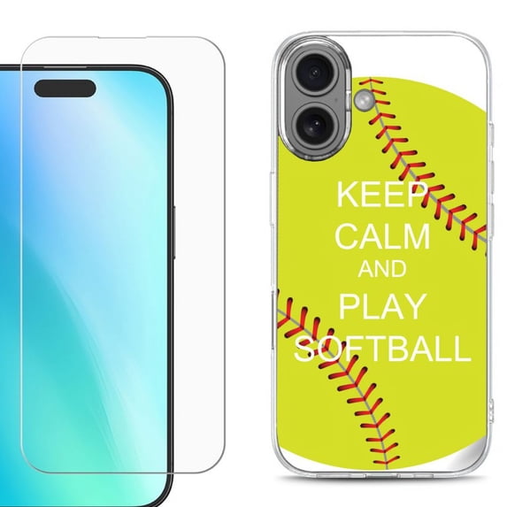 For iphone 16 Plus Phone Case Cover, Shockproof Case with Tempered Glass Screen Protector, by OneToughShield - Keep Calm Softball