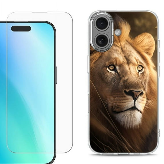 For iphone 16 Plus Phone Case Cover, Shockproof Case with Tempered Glass Screen Protector, by OneToughShield - Lion